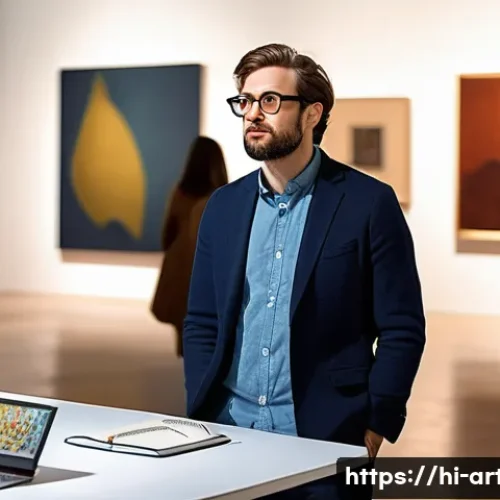 미술평론가 학위 취득의 장점 - A professional art critic at an international art seminar, wearing smart casual attire and glasses, ...