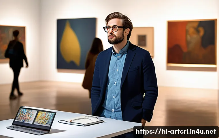 미술평론가 학위 취득의 장점 - A professional art critic at an international art seminar, wearing smart casual attire and glasses, ...