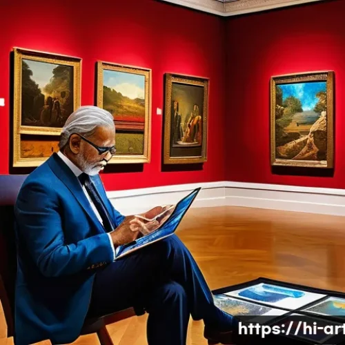 Home 33 미술평론가 경력 개발을 위한 계획 - A sophisticated art critic seated in a modern gallery, surrounded by diverse artworks representing W...