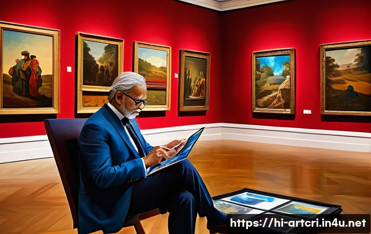 미술평론가 경력 개발을 위한 계획 - A sophisticated art critic seated in a modern gallery, surrounded by diverse artworks representing W...