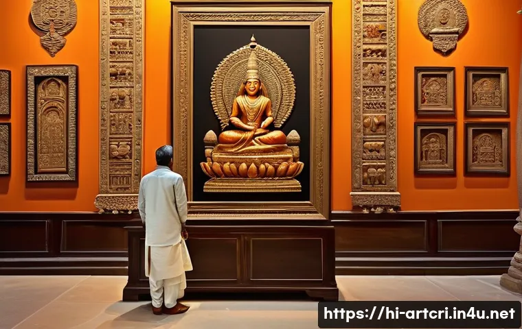 미술평론가의 평가 기준과 방법 - A detailed painting of an Indian art critic deeply immersed in a traditional art gallery, surrounded...