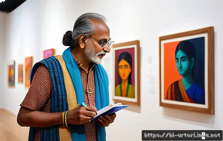 미술평론가와 작가와의 소통 기술 - A detailed scene of an Indian artist and an art critic engaged in a warm, emotional conversation ins...