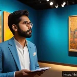 Home 18 미술평론가 자격증 종류 - A sophisticated modern art critic in an elegant gallery space, thoughtfully observing diverse artwor...