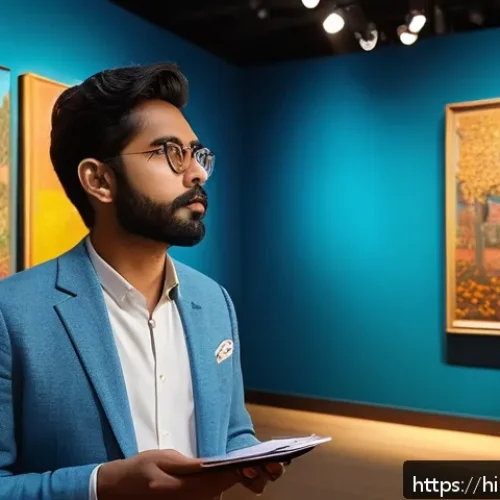 Home 30 미술평론가 자격증 종류 - A sophisticated modern art critic in an elegant gallery space, thoughtfully observing diverse artwor...