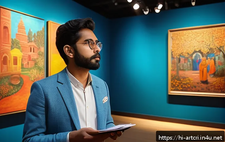 미술평론가 자격증 종류 - A sophisticated modern art critic in an elegant gallery space, thoughtfully observing diverse artwor...