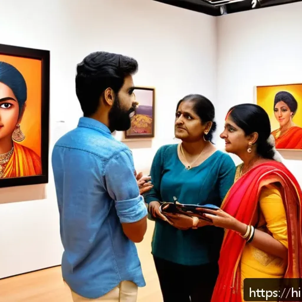 미술평론가의 글쓰기 기술과 전략 - A vibrant modern art gallery scene featuring diverse Indian viewers engaging in a lively, interactiv...