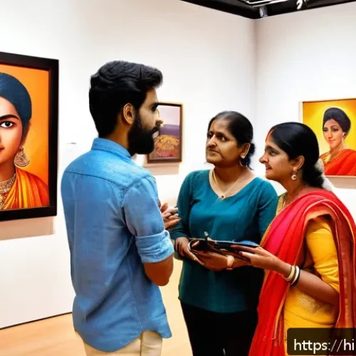 Home 17 미술평론가의 글쓰기 기술과 전략 - A vibrant modern art gallery scene featuring diverse Indian viewers engaging in a lively, interactiv...