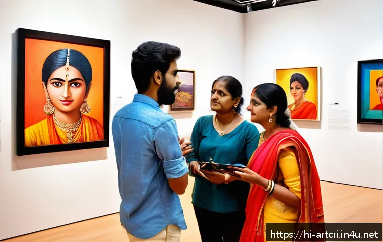미술평론가의 글쓰기 기술과 전략 - A vibrant modern art gallery scene featuring diverse Indian viewers engaging in a lively, interactiv...