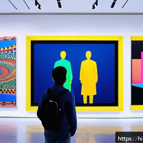 미술평론가 업무의 핵심 요소 - A contemporary art gallery scene showcasing diverse modern art forms including digital art displayed...