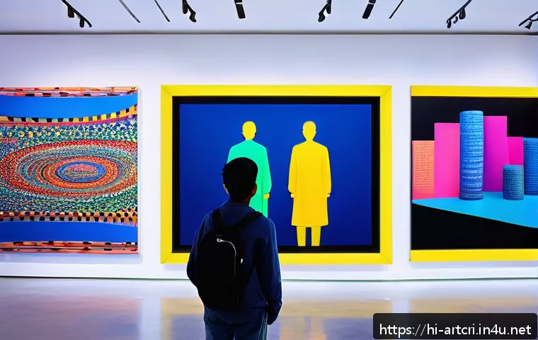 미술평론가 업무의 핵심 요소 - A contemporary art gallery scene showcasing diverse modern art forms including digital art displayed...