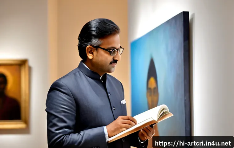 미술평론가로서의 자아 정체성 구축 - Photorealistic portrait of an Indian art critic in a quiet contemporary gallery, thoughtfully studyi...
