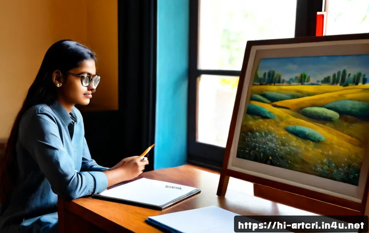 Home 17 미술평론가 진로 선택 가이드 - Photorealistic career guidance scene for an aspiring art critic in India, a thoughtful young adult s...