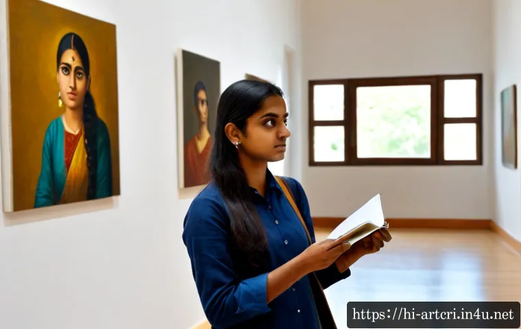 미술평론가의 비판적 사고 방법 - Photorealistic Indian art critic in a quiet contemporary gallery, thoughtfully comparing two abstrac...