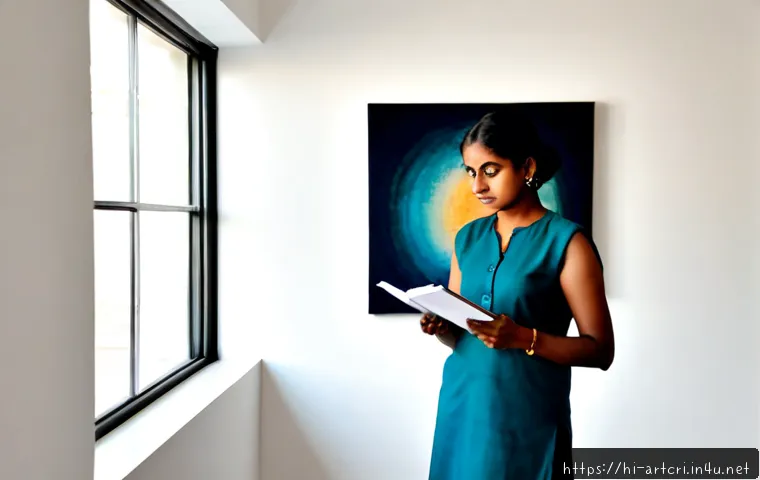 Home 17 미술평론가로서의 자기 계발 - Photorealistic Indian art critic in a quiet contemporary gallery, thoughtfully studying a large abst...